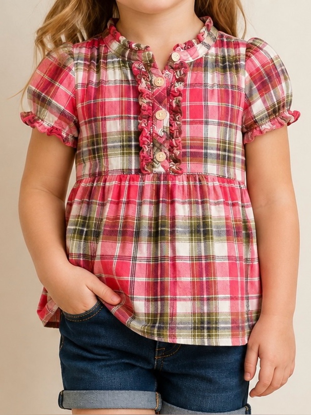 Chaps girls plaid top in size 4 featuring a pretty pink, olive green, cream and
